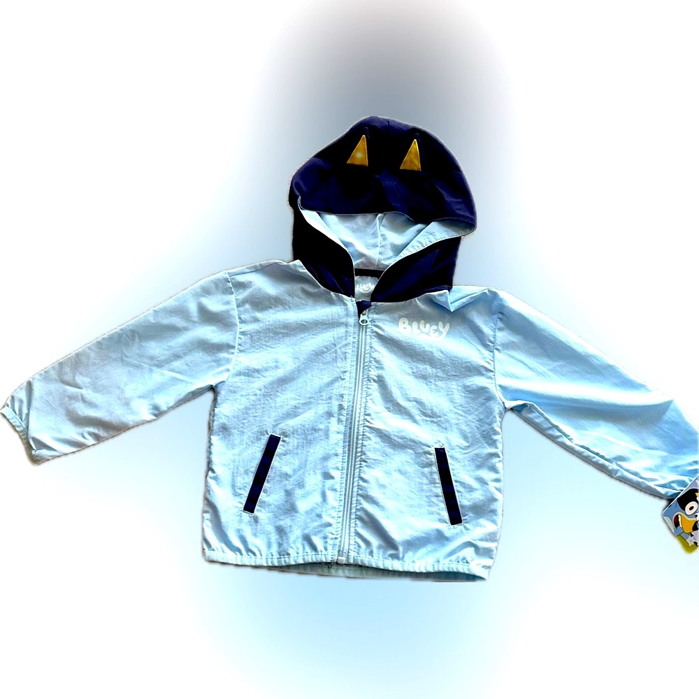 BLUEY KIDS 3T LIGHT BLUE NAVY ZIP FRONT JACKET WIND BREAKER HOOD W/ EARS DISNEY